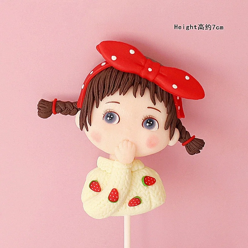 Cute Pink Girl Cake Topper Soft Taupo Point Bow Strawberry Playful Kids Doll Plug-in Party Dessert Cake Decoration Dress Up — zdjęcie 4