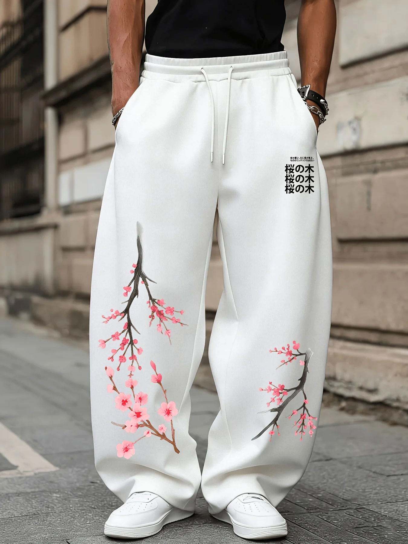 Men Gothic Cherry Blossom Print Straight Leg Sweatpants Elastic Drawstring Waist Soft Comfort Long Trousers S-3XL
