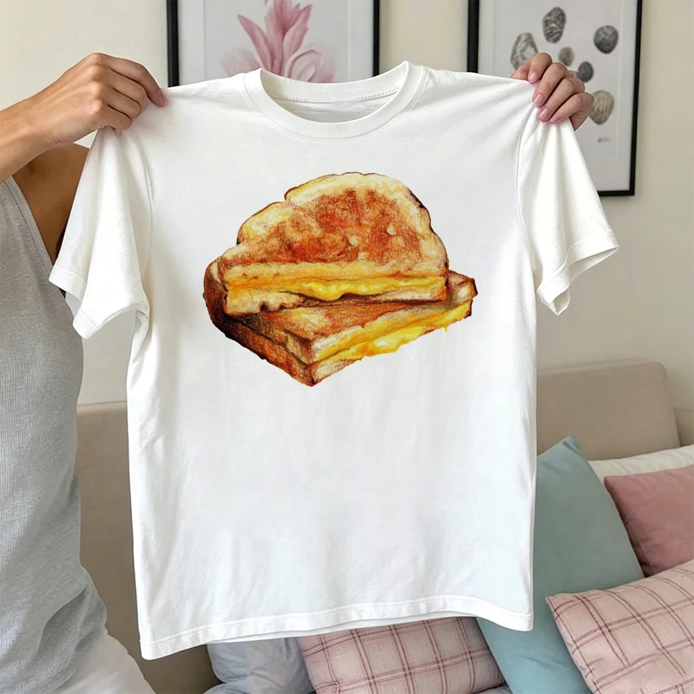 Realistic Grilled Cheese Food Womne Unisex White Cotton T-Shirt Yummy Sandwich Graphic Print Summer Short Sleeve Tee