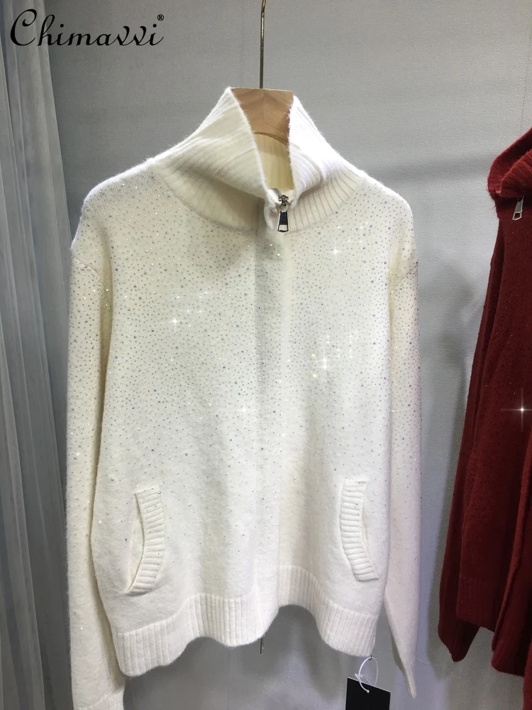 

European Heavy Industry Rhinestone Sweater Women Autumn Winter New Fashion Long Sleeve Loose Elegant Streetwear Knitted Top