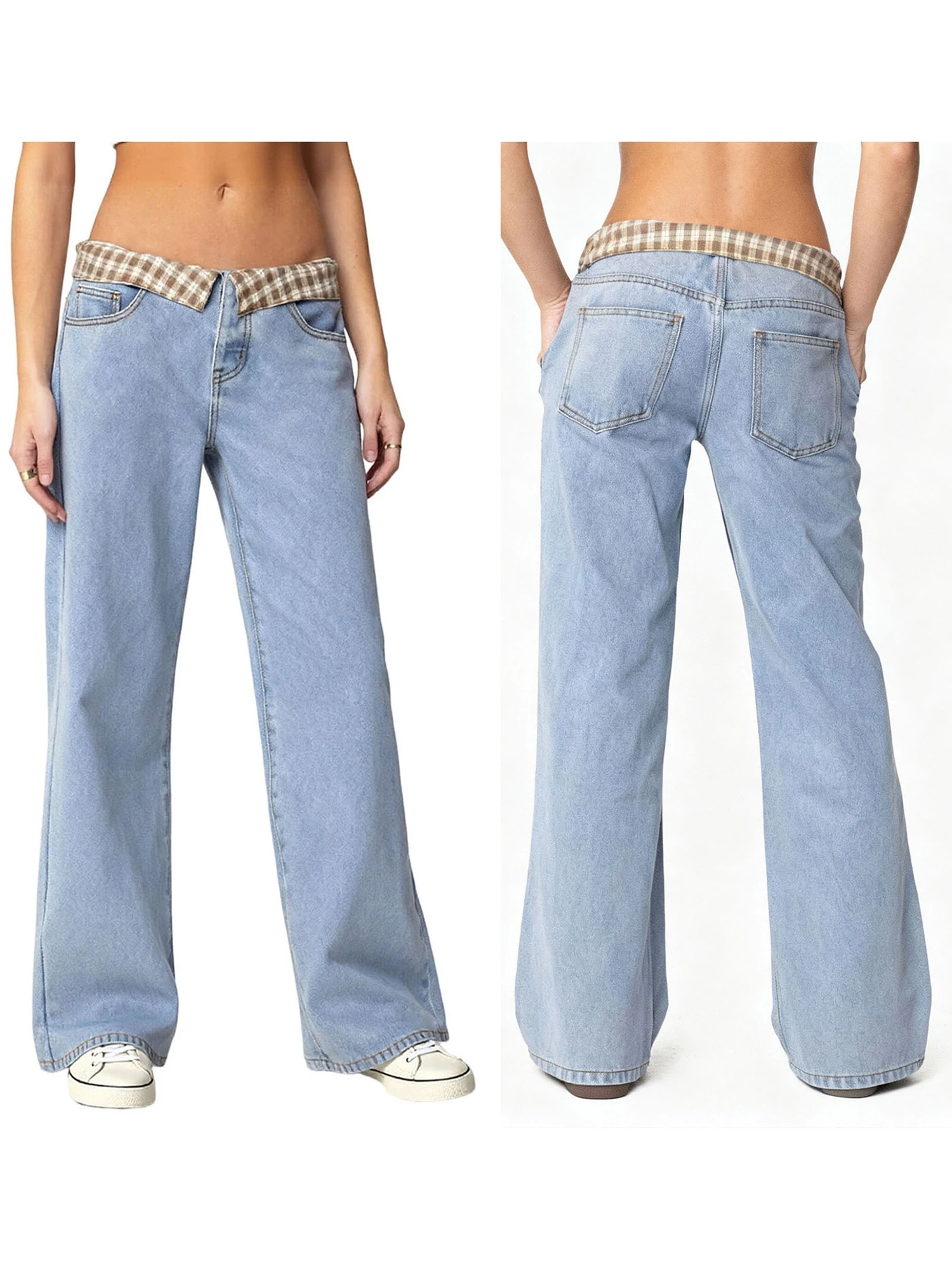 

Women s Stylish Low Rise Denim Jeans with Plaid Folded Waistband and Comfortable Baggy Fit - Perfect for Streetwear Fashion