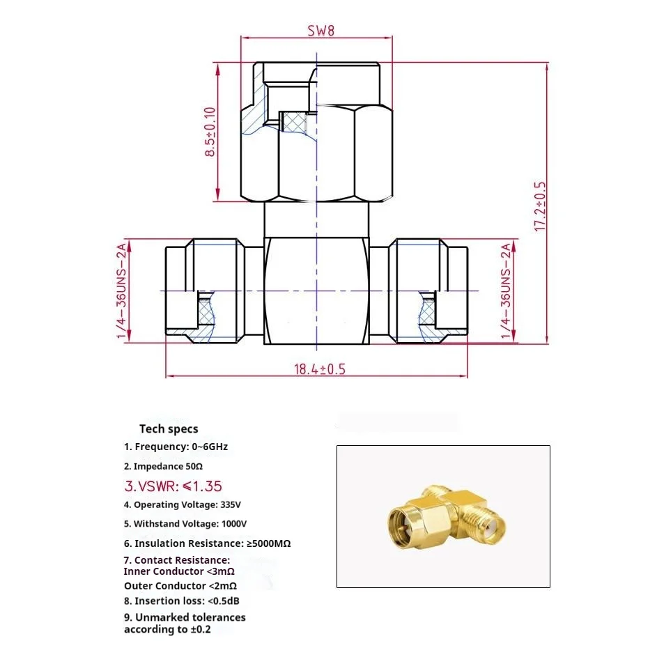 SMA-KJK SMA Male To Dual SMA Female RF Triple Tee Adapter Splitter Connector 3 Way 3 Pack