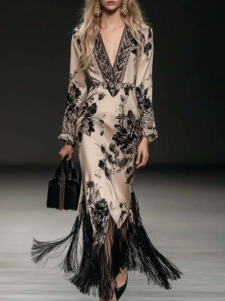 

Bohemian Vintage Fashion Women Tassel Maxi Dress Elegant V-Neck Petal Sleeves Floral Printed Autumn Dress Cocktail Party Dresses