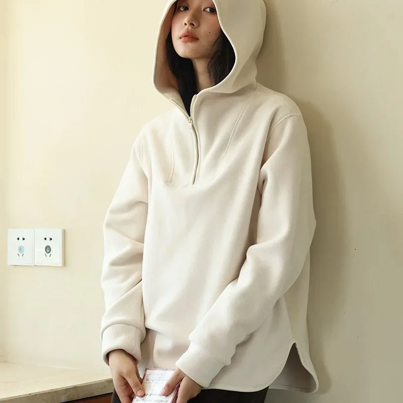 Women's Thickened Long Sleeve Half-Zip Hoodie Casual Autumn Winter Sports Pullover Solid Loose Fashion Hooded Sweatshirt