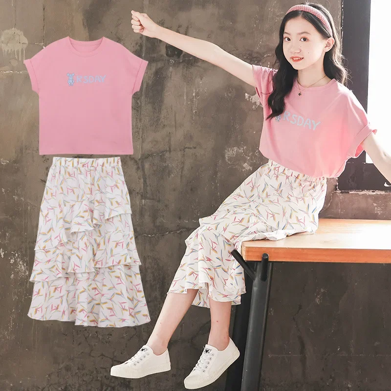 

Summer School Girl 2PCS Clothes Set Children Girl Alphabet Cotton T-shirt+Flower Full Print Chiffon Skirt Junior Girl Sweet Suit