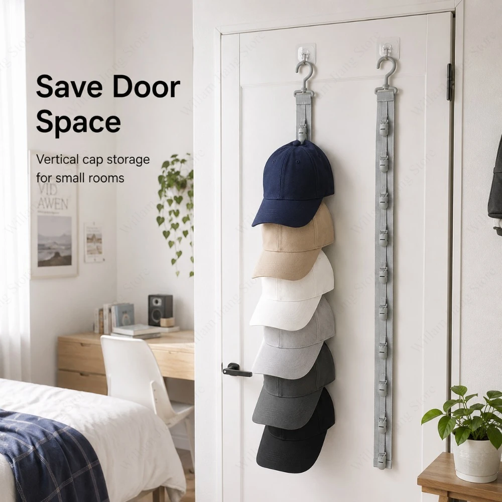 1/2/3 PCS Closet Hat Organizer Hanging Rope Rack with Clips for Baseball Caps Wardrobe Door Bedroom Storage and Display Solution