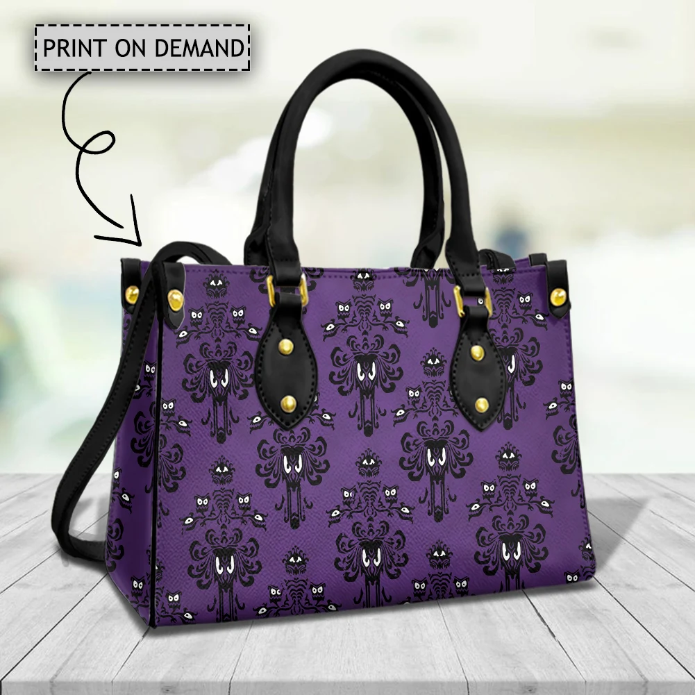 

Purple Haunted Mansion Print Women Handbags Luxury Leather Female Cross Body Bags Woman Top-handle Vintage Horror Shoulder Bags