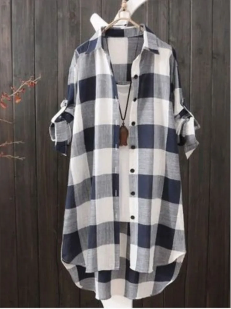 Fashion Plaid Shirt Long Women\'s Tops Spring Autumn Full Sleeve Casual Loose Print Button Blouse Coat Female Beach Cover-up