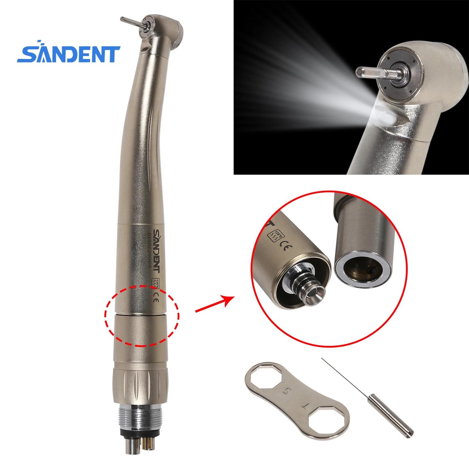 Dental Fiber Optic LED Hand piece 6 hole turbine 4water spray with 6 PIn Quick Coupler Push Button NSK for Φ1.595-Φ1.600 Bur