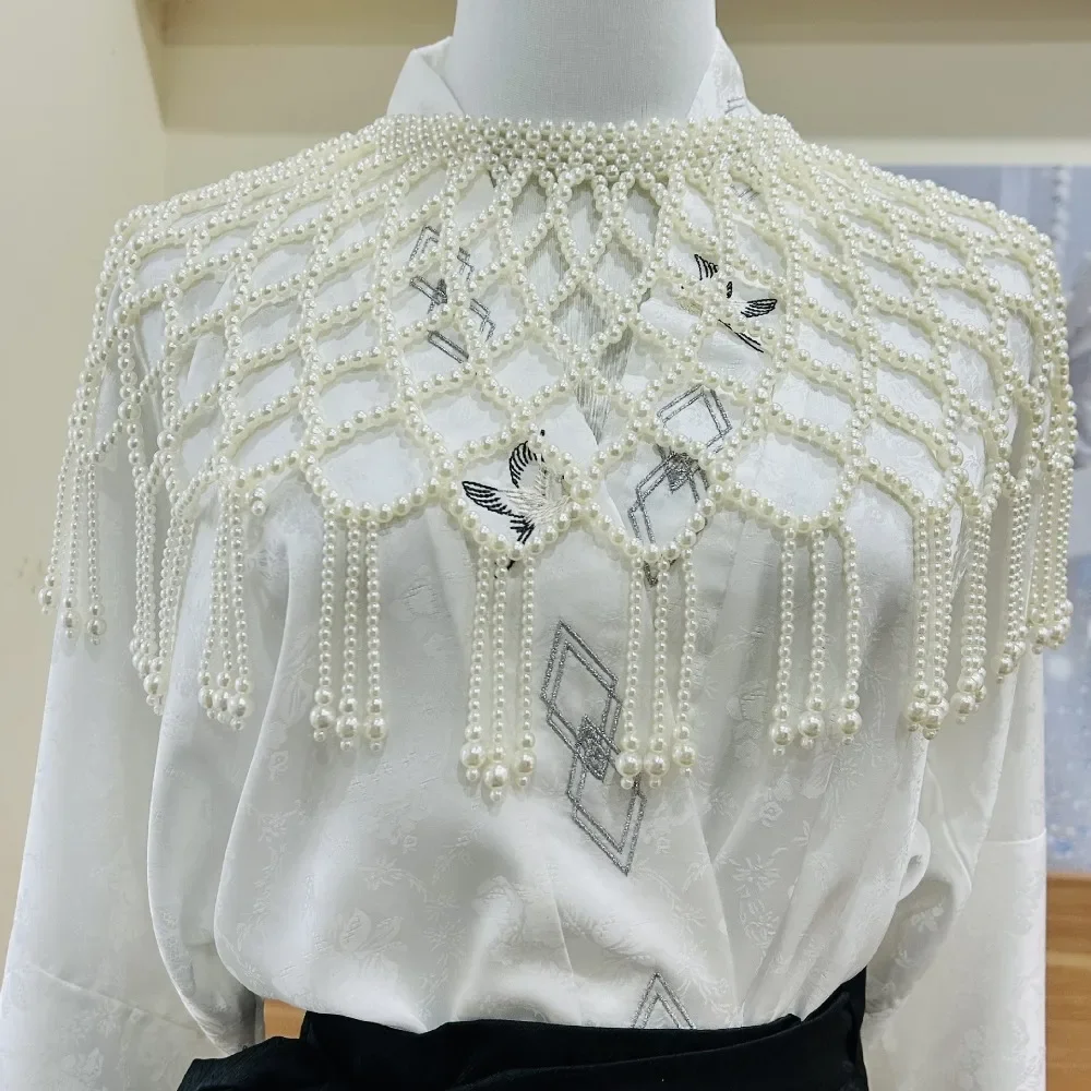Pearl Shawl Hanfu Top Hollow Ancient Style Tassel Shoulder Cover for Women Elegant Traditional Chinese Clothing Accessory