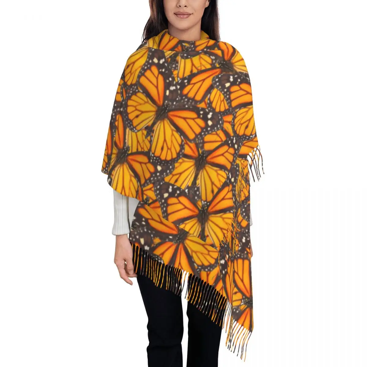 

Female Scarf Keep Warm Orange Monarch Butterfly Scarves Wraps with Long Tassel Fashion Shawls and Wraps Winter Bufanda Mujer