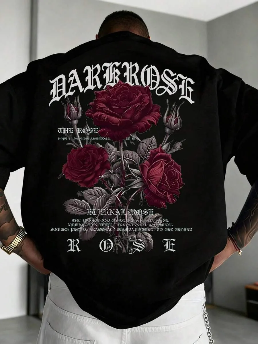 Men's Casual Versatile Rose Flower Print Short Sleeve T-Shirt High-end Luxury Unisex Style Both of Men and Women