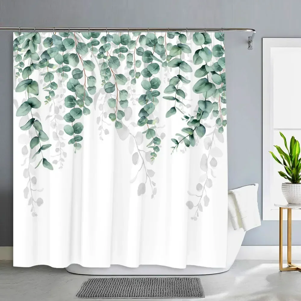 Green Plants Eucalyptus Leaves Shower Curtain Natural Watercolour Leaves Tropical Botanical Patterns Bath Curtain Bathroom Decor