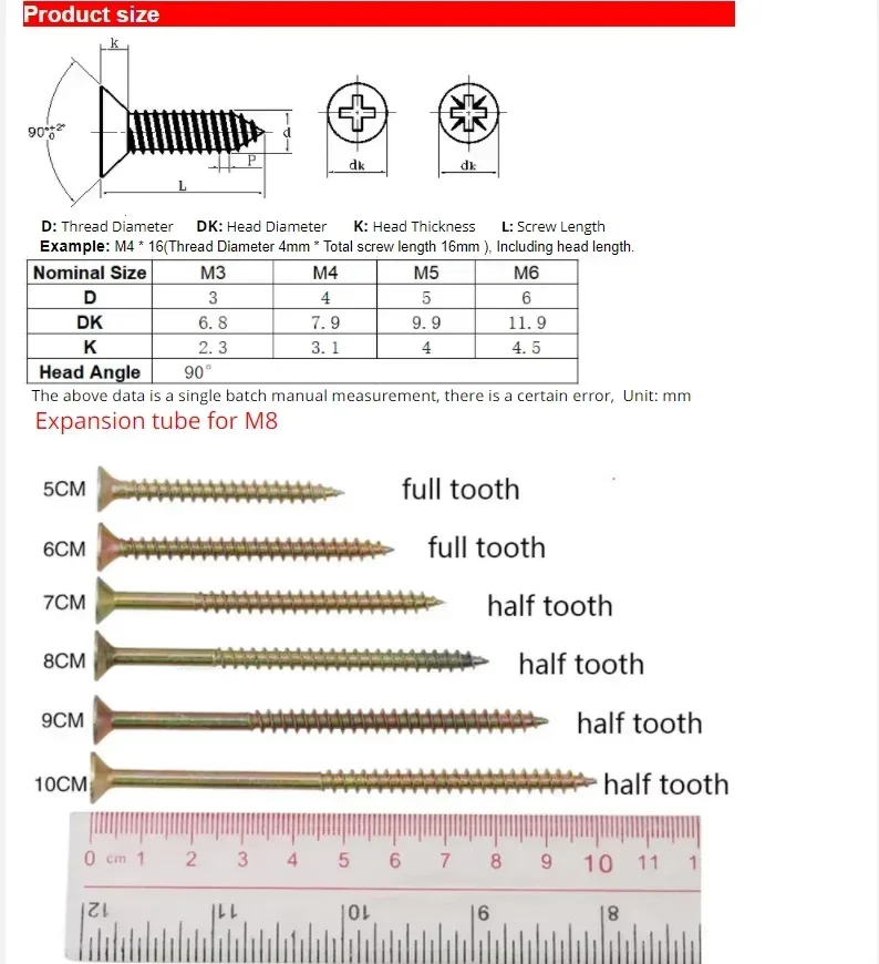 Phillips Flat Head Drywall Screw Cross Countersunk Head Quick Self Tapping Wood Screws Color Zinc-plated Hardened Tip Nail