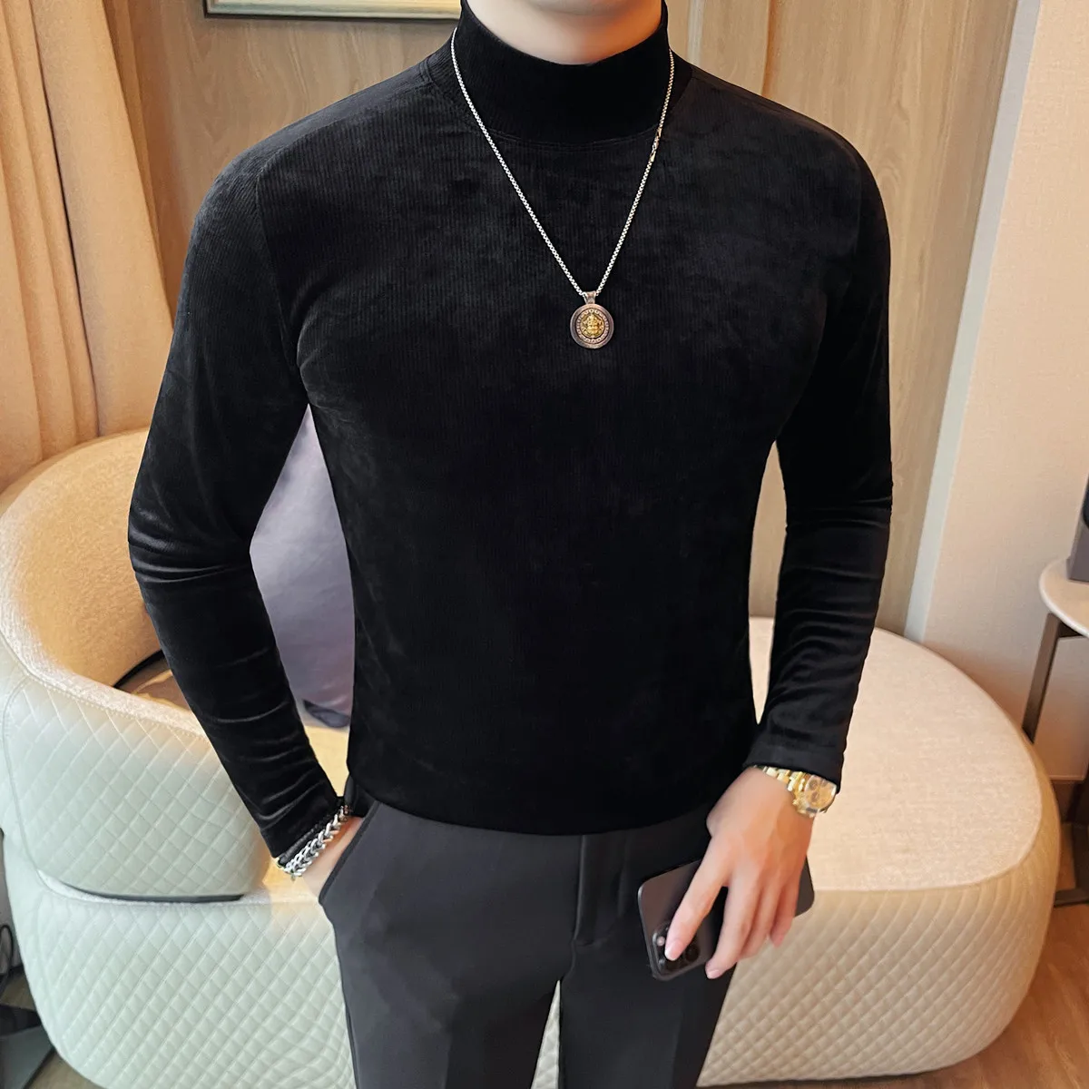 

2025 Corduroy Men's Long Sleeved T-shirt Autumn Winter Warm Slim Fit Solid Color Base Shirt Velvet Casual Business Tee Tops