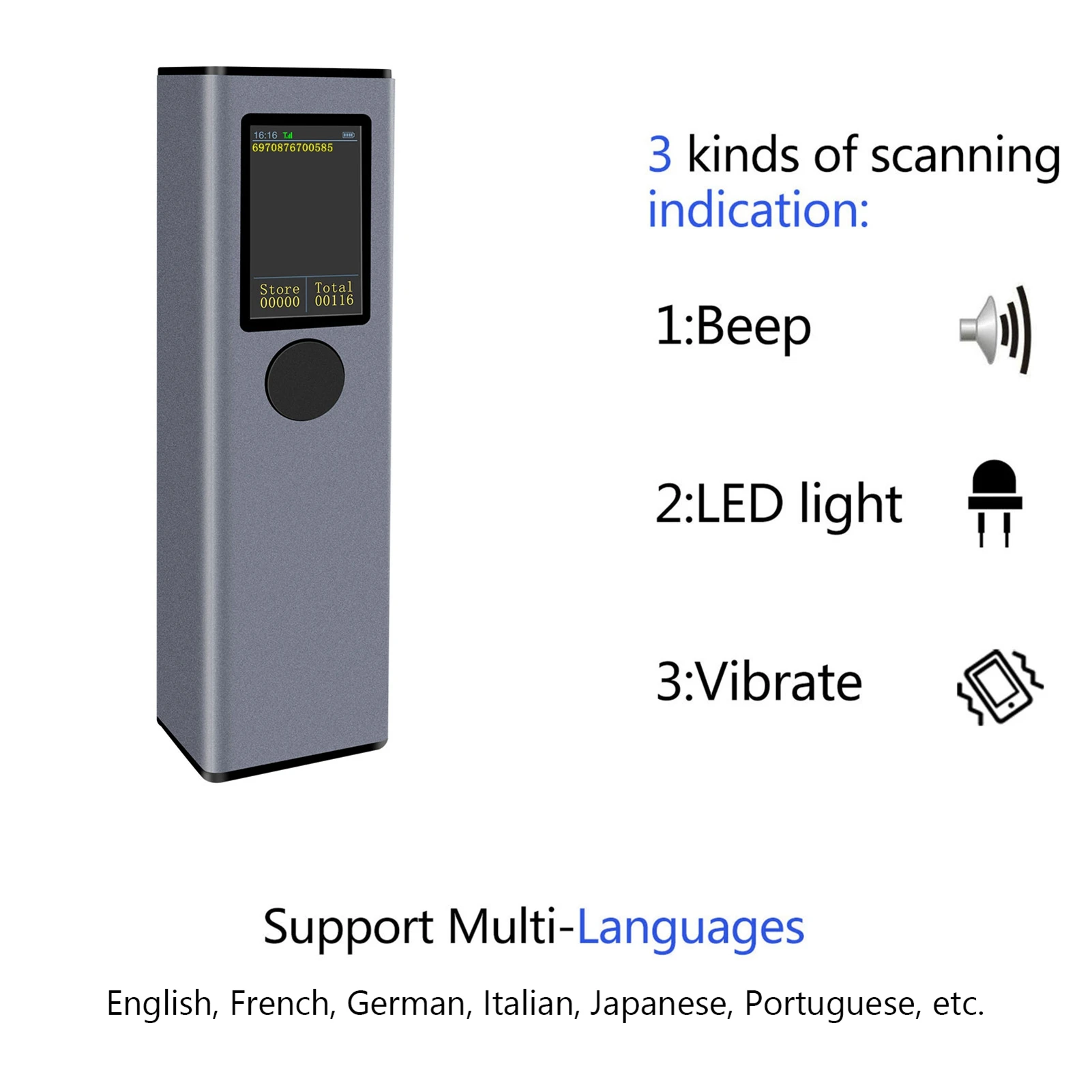 2D 1D QR Barcode Scanner with  Screen 3 in 1 BT & 2.4GHz Wireless & Wired Connection Sound and Vibrator Prompt Support Offline