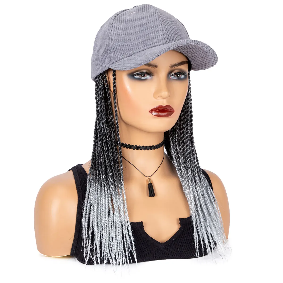 Cuz Of Hair-Extensions de Cheveux avec Casquette de Baseball pour Femme Noire, Tresses Sénégalaises, Noir, Argent, Gris, 14 Pouces