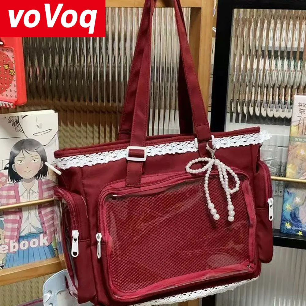 Japanese Anime White Messenger Bag for Women Transparent Lace Decoration Large Capacity Waterproof Tote Bag