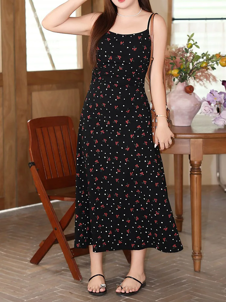 Women's Sweet Floral Waist Fold Knit Dress, Spaghetti Strap, Plus Size, Slim, French Print Long Dress, Good Quality, Summer 2024