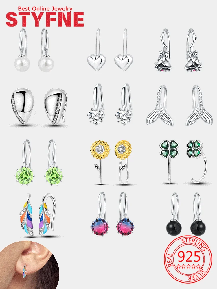 

Earrings 925 Sterling Silver Heart-shaped Fishtail Pearl Feather Clover Sunflower Hook Earrings for Women Birthday Jewelry Gift