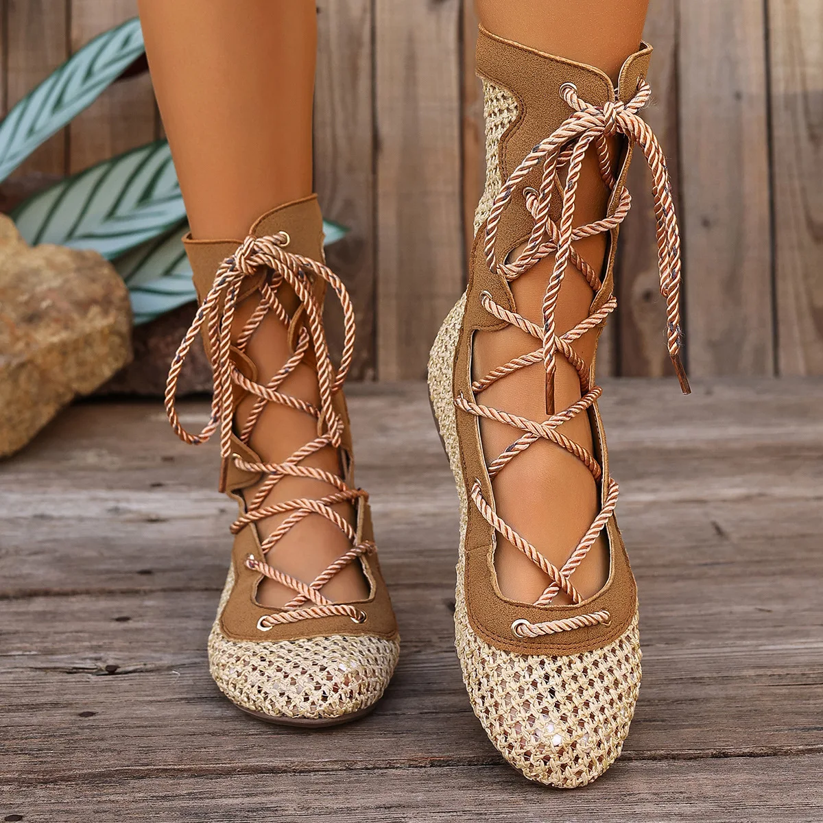 Korean Style Lace-Up Hollow-Out Shoes for Women Summer New Breathable Sandals Beach Ballet Flats Woven Mesh Mid-Calf Boots