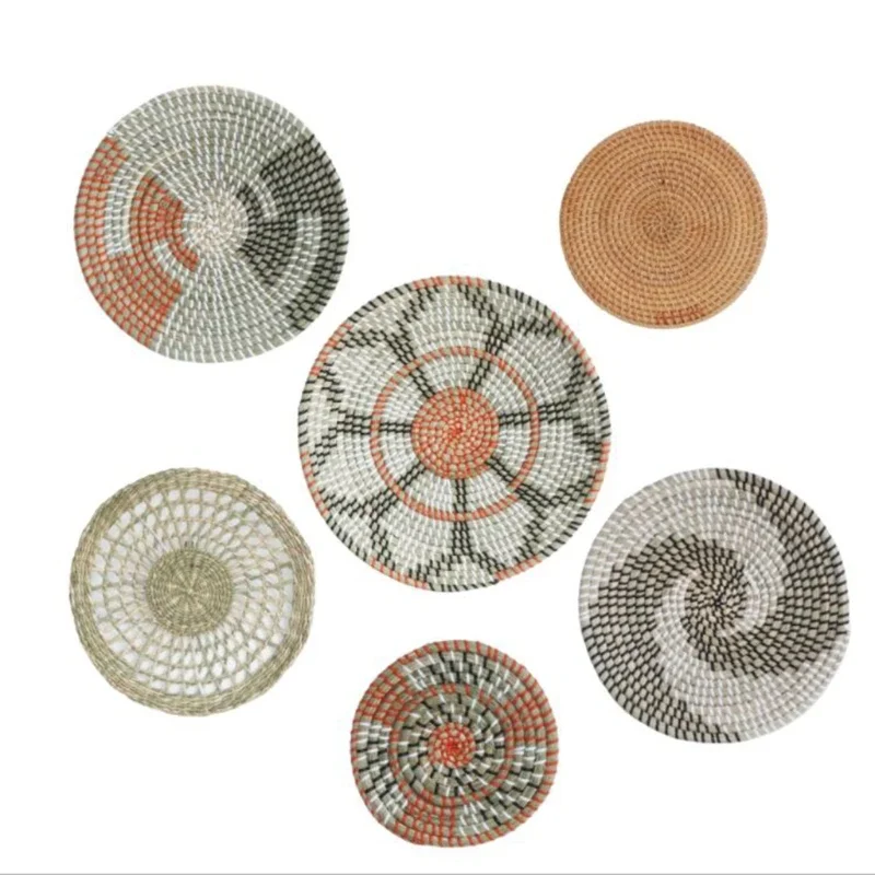 

6pcs Rattan Wall Decor Hanging Woven Wall Plate Round Fruit Basket Boho Seagrass Decorative Trays for Living Room