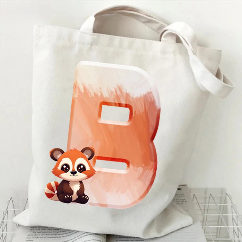 Sac fourre-tout en toile avec imprimé renard pour femme, raton laveur avec alphabet graphique, cadeau d'amant d'animaux de dessin animé, sacs à main mignons