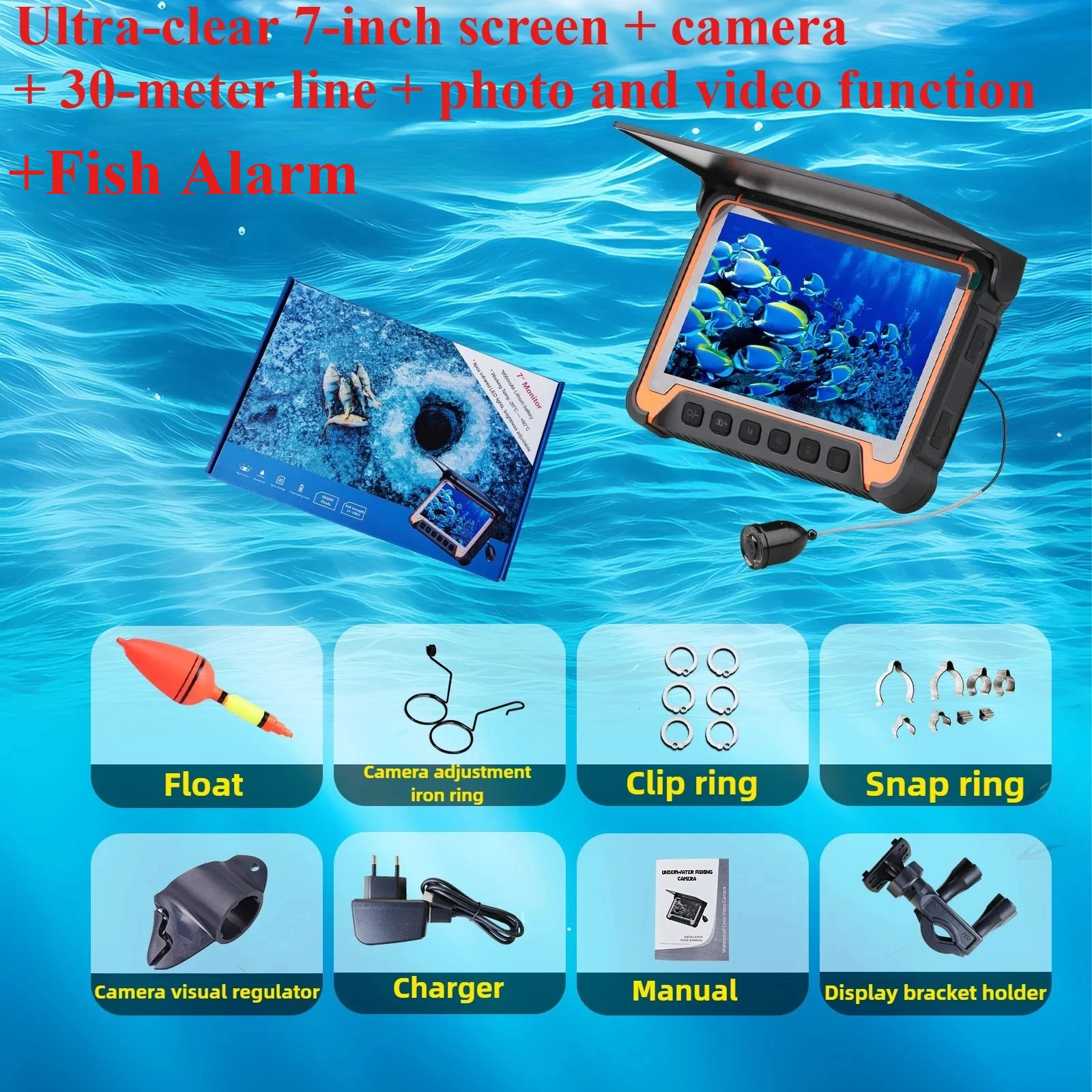 Ultraheldere 7-inch onderwaterviszoeker met groot scherm, temperatuur- en dieptedetectiemonitor, viscamera voor video-opslag