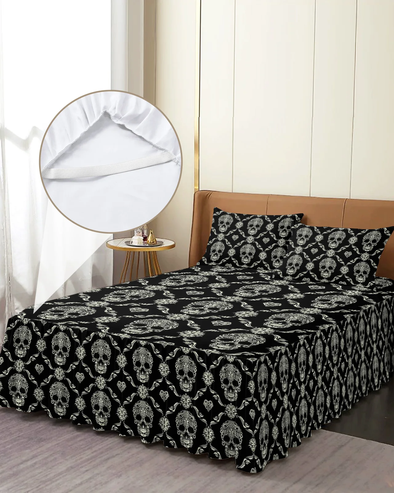 Skull Black Flower Bed Skirt Elastic Fitted Bedspread With Pillowcases Bed Protector Mattress Cover Bedding Set Bed Sheet