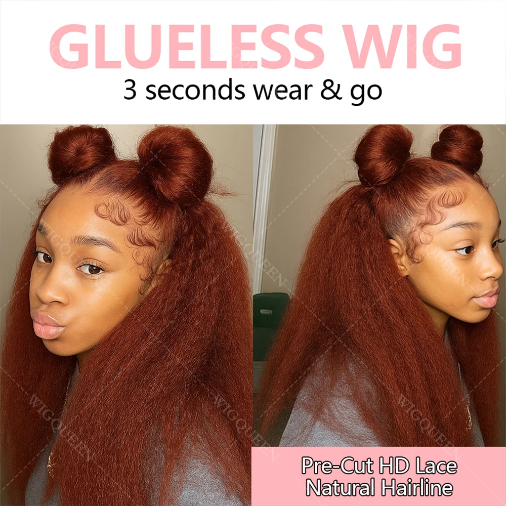 Peruka z ludzkich włosów Yaki Straight, czerwono-brązowa, peruki typu lace front 13x4, peruki z ludzkich włosów typu lace 4x4 bez kleju z kręconymi brzegami i baby hair.