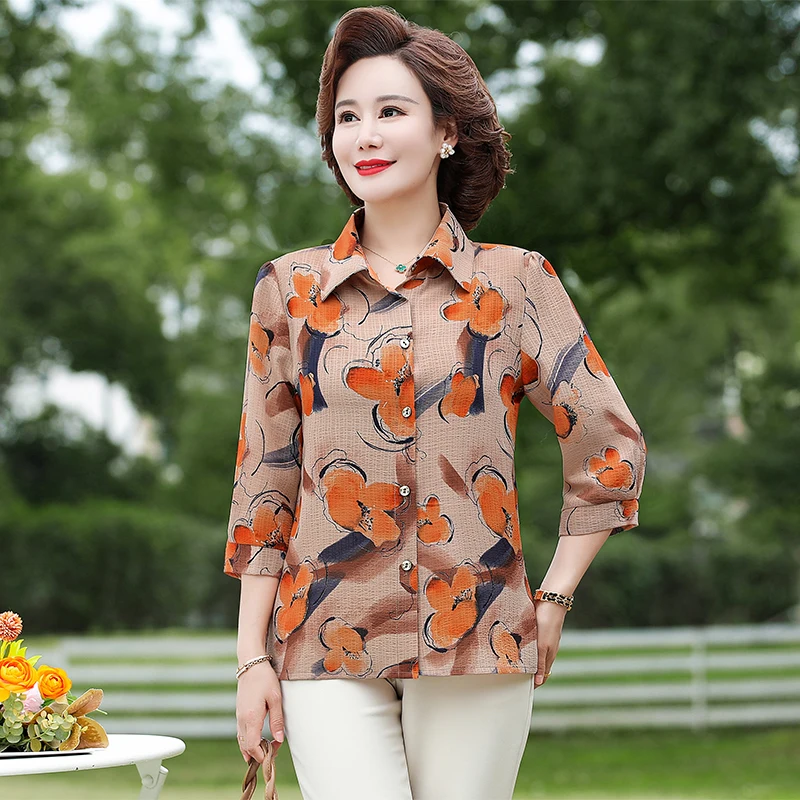 Female Blouse Spring Summer Middle-Aged Elderl Shirt 2023 Womans Mother Ladies Coat Seven Sleeves Collared Shirt Tops