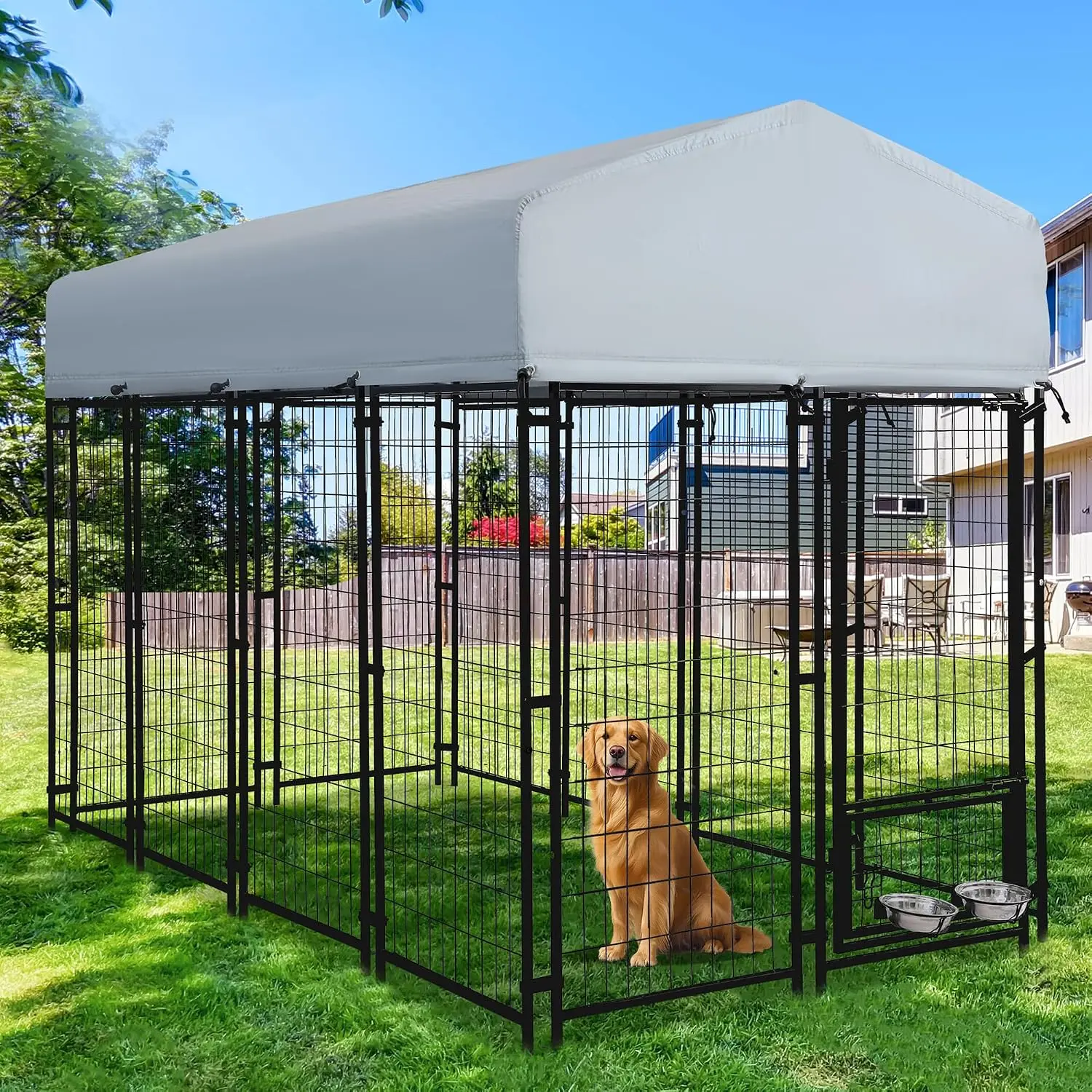 8x4x6 FT Outdoor Dog Kennel Large Dogs Heavy Duty Welded Wire Steel Roof 2 Rotating Bowls Secure Lock Backyard, Customized