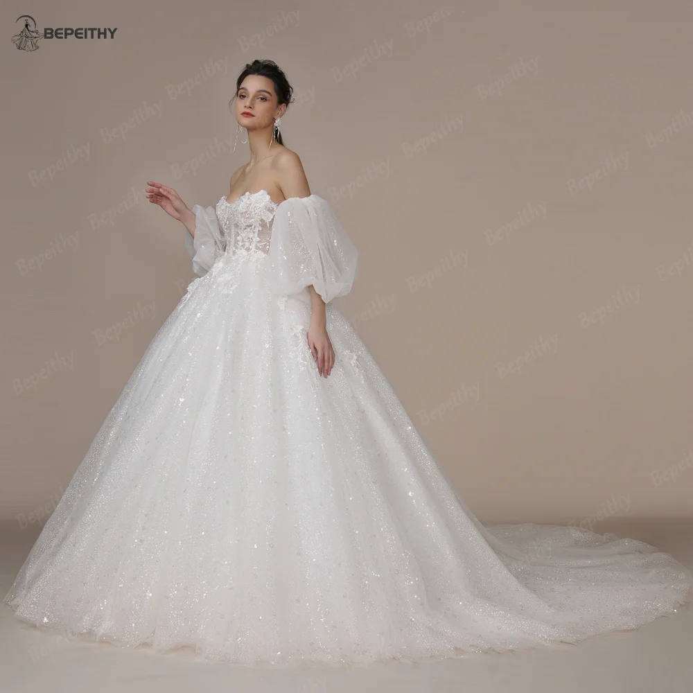 BEPEITHY-vestido de novia personalizado de princesa sin tirantes, color marfil, purpurina, cola de corte, novia, flor 3D brillante, 2023