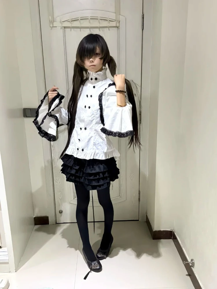 Y2k Vintage Long Sleeve Court Lolita Top + Mini Solid Skirt Two-Piece Set Double Breasted Patchwork Bodycon Outfit Women 2026