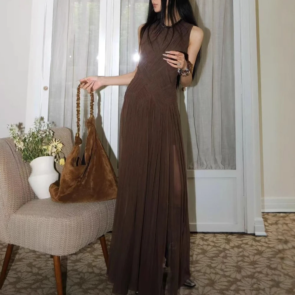 TWOTWINSTYLE Solid Sheer Spliced ตาข่ายแฟชั่นชุดผู้หญิงรอบคอแยกอารมณ์ชุดเสื้อผ้าหญิงใหม่