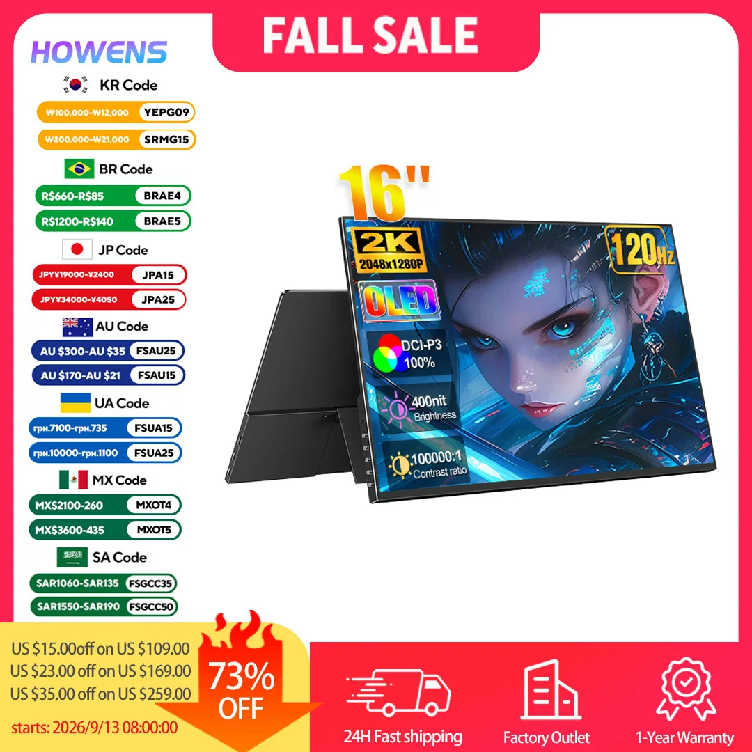 Moniteur OLED portable 16 pouces 2K 120Hz pour jeux, extension d'écran pour ordinateur portable, affichage 100000:1 pour bureau et voyage, HDMI USBC pour PC, Mac, téléphone, PS5, Xbox Moniteur OLED portable 16 pouces 2K 120Hz pour jeux, extension d'écran pour ordinateur portable, affichage 100000:1 pour bureau et voyage, HDMI USBC pour PC, Mac, téléphone, PS5, Xbox