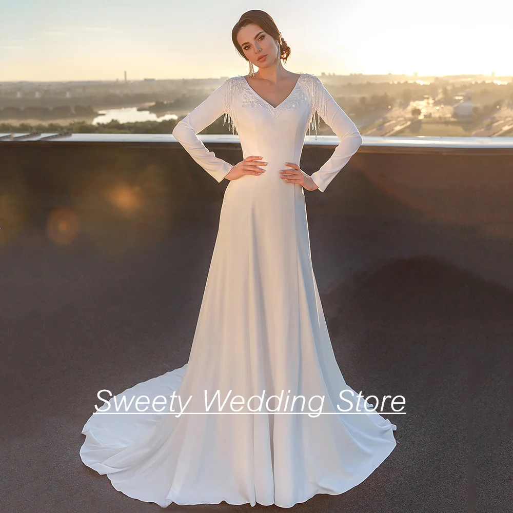 

Modern Wedding Dress Full Sleeves V Neck Beading Court Train Jersey A Line 2024 Bridal Gown Robe De Mariee Custom Size