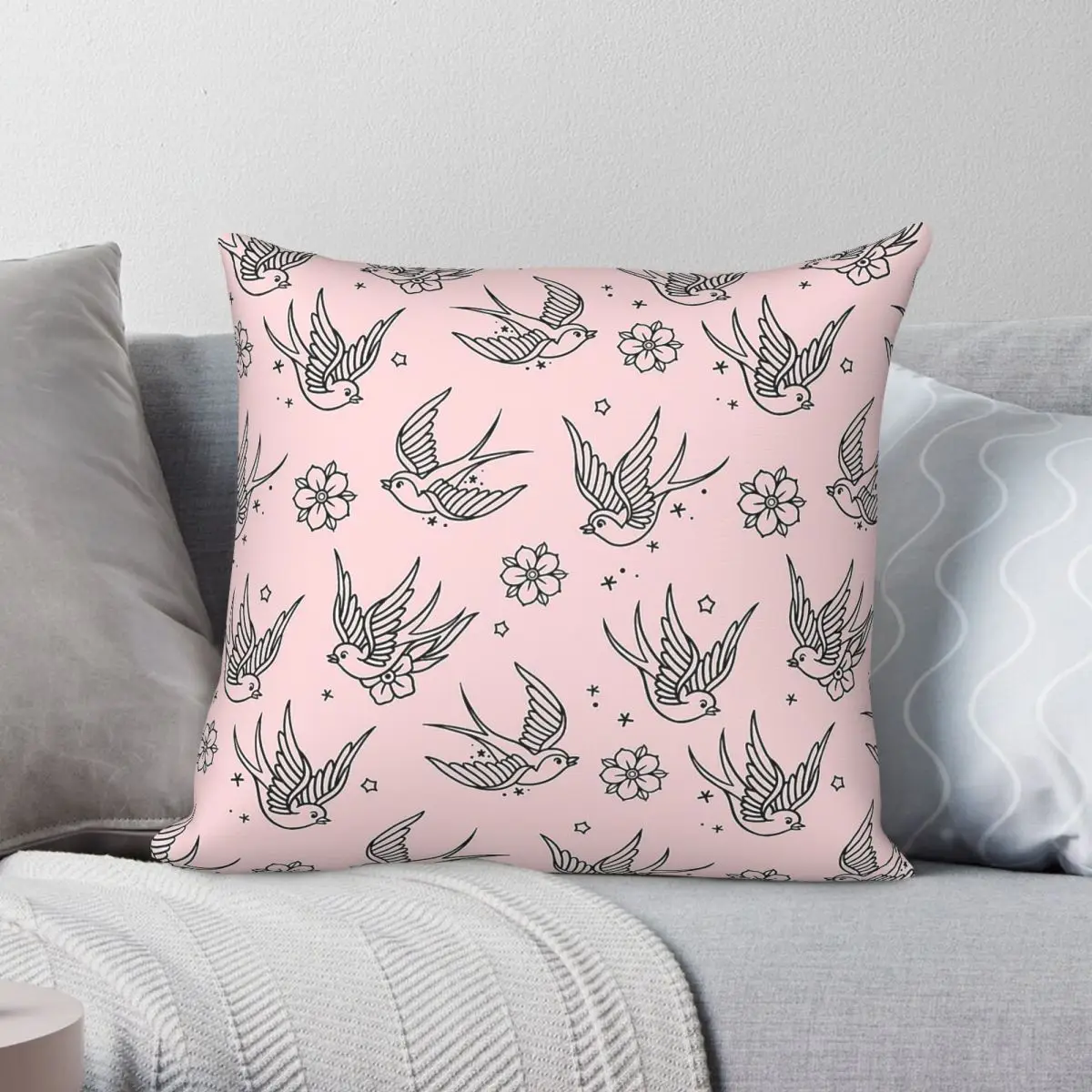 Sparrows Flowers Rose Quartz Square Pillowcase Polyester Linen Velvet Printed Zip Decor Throw Pillow Case Home Cushion Case