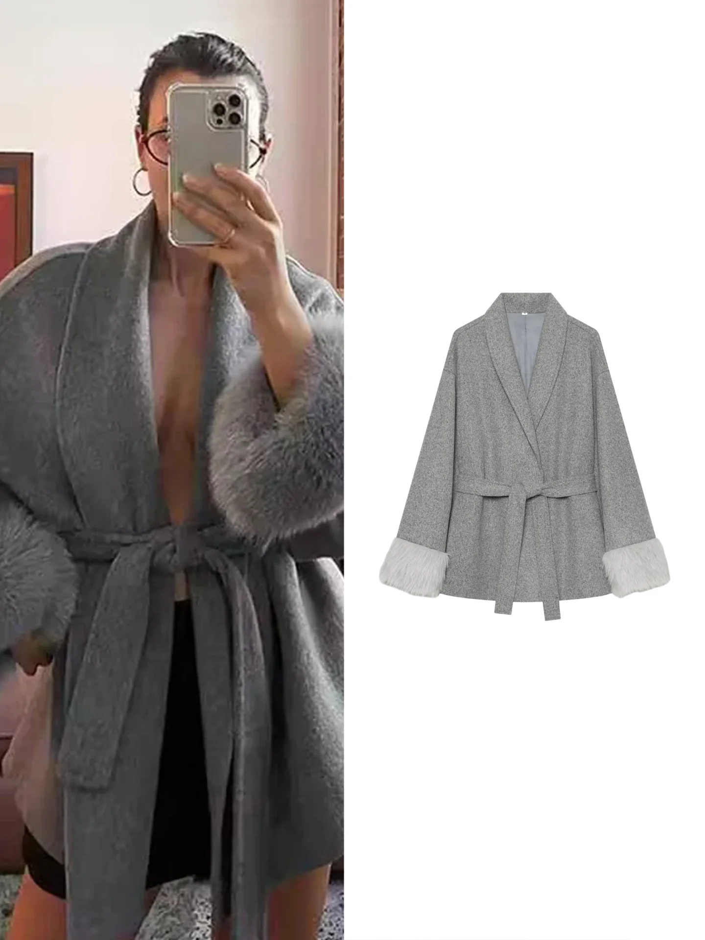 Autumn New Arrival Women's Casual Loose Fit Patchwork Frayed Long Sleeve Coat with Belt Woolen Outerwear French Style