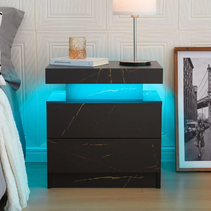 

Bingoday LED Nightstand LED Bedside Table with 2 Drawers, Wooden Cabinet Unit with LED Lights for Bedroom, End Table Side Table