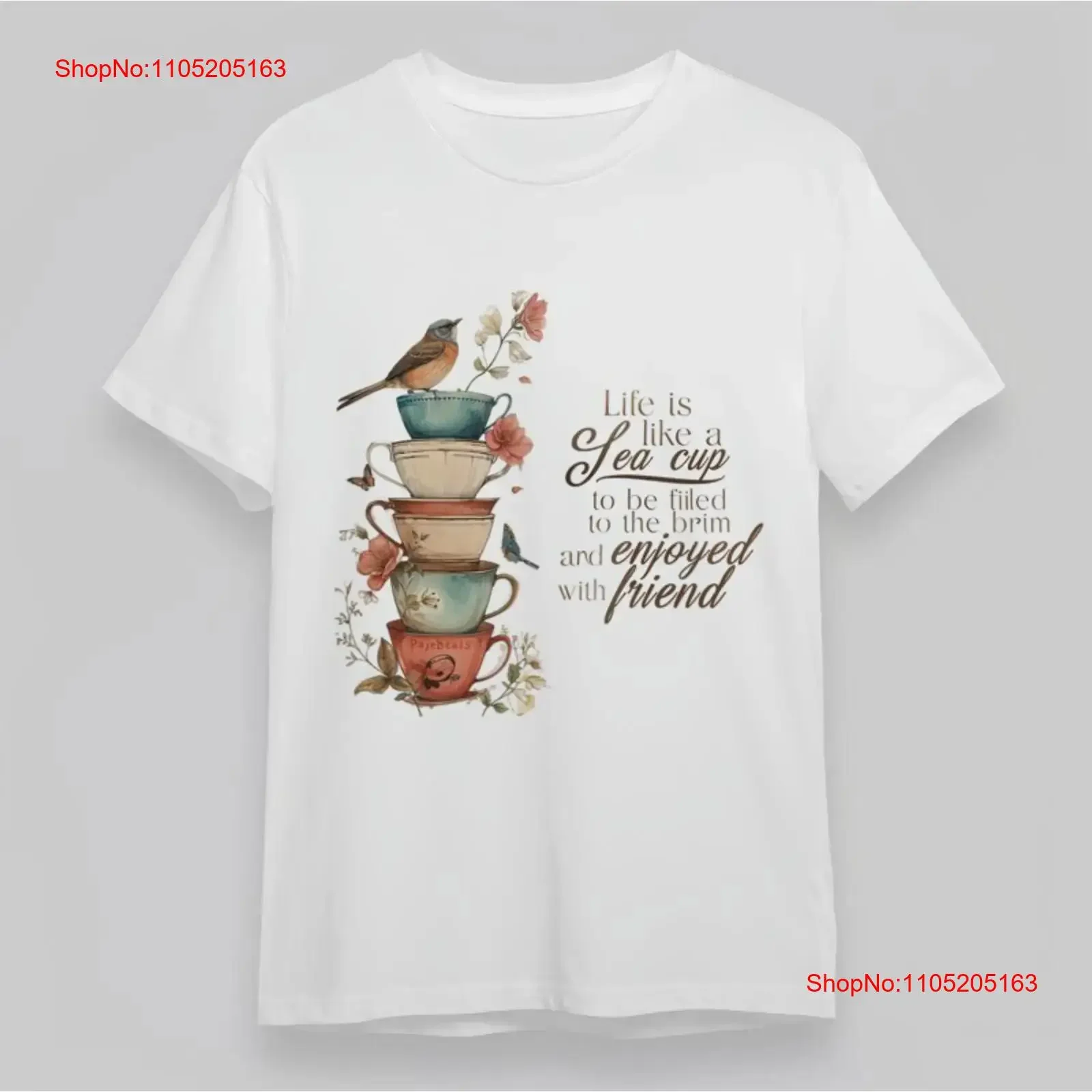 Women's Trend Classic T Shirt Tea Cups Birds Life Quote Handwritten vintage Washed Versatile Stretched Stylish Comfortable