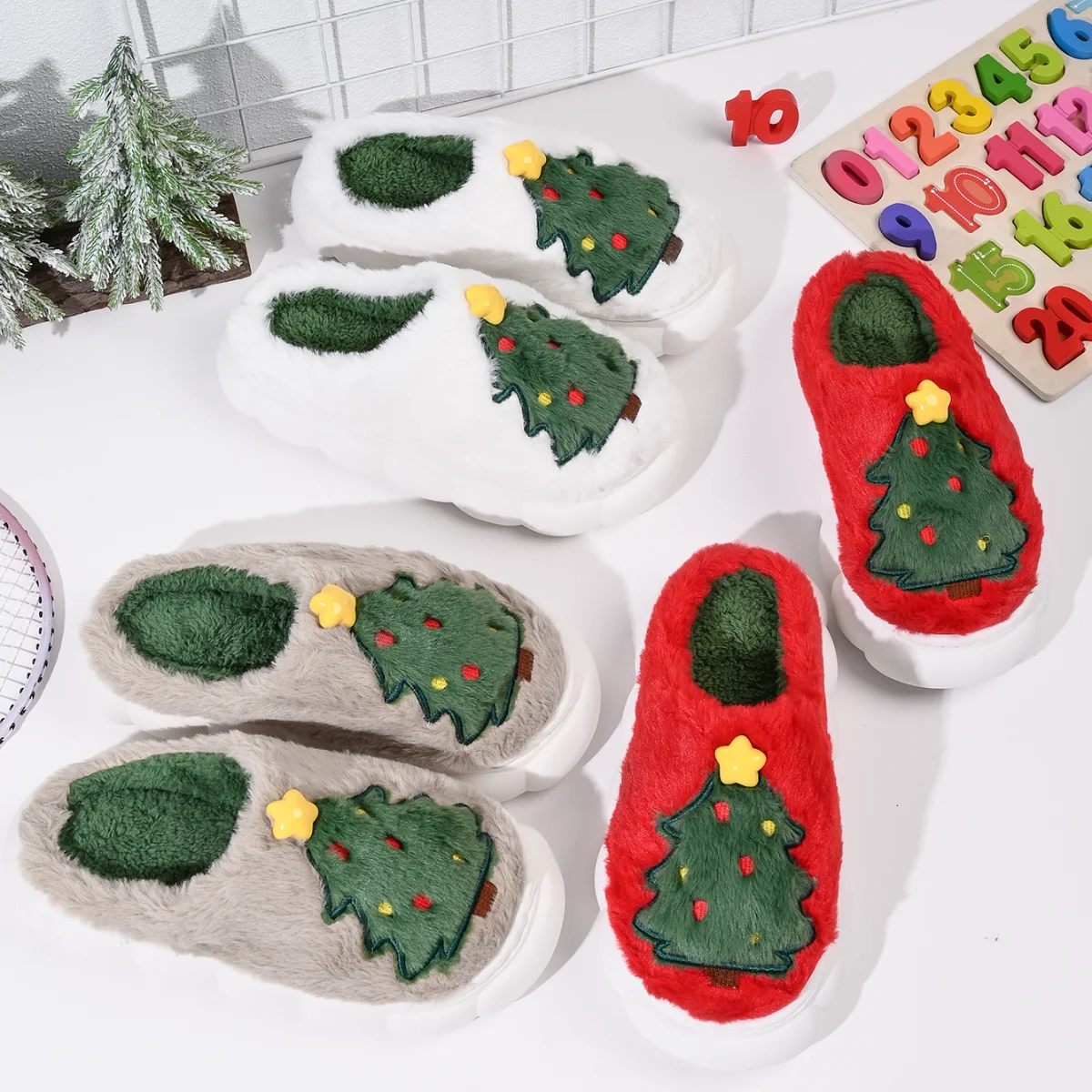 

New Christmas Tree Festival Women's Slippers Winter Embroidery Breathable Indoor Warm Soft Sole Comfy Girls Fashion Home Shoes
