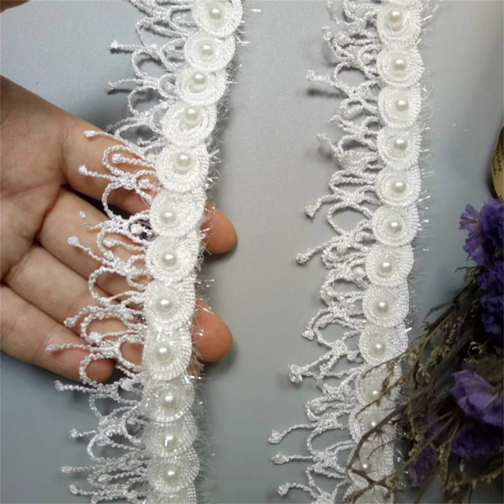 

1 Yard White Pearl Tassel Plum Flowers Pearl Lace Trimmings Ribbons Beaded Lace Fabric Embroidered Sewing For Wedding Dress