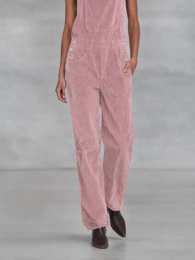 

Spring Summer Camisole Women's Jumpsuit Corduroy Solid High Waisted Straight Romper Casual Pocket Hollow Out Streetwear Playsuit