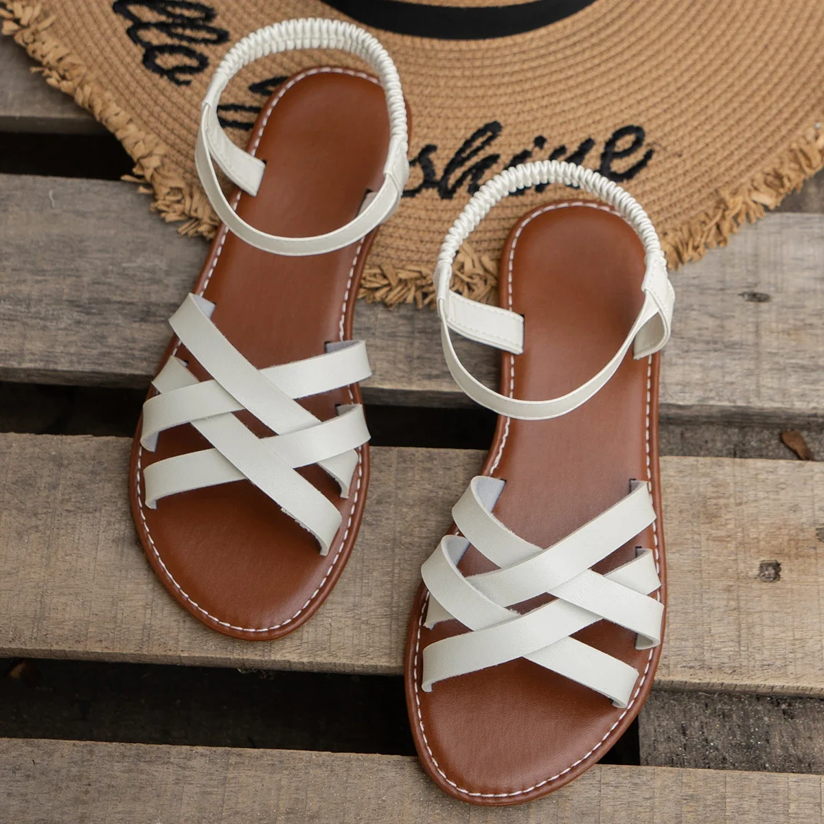 Women Shoes 2024 Summer New Women Flat Sandals Bottom Roman Strap Sandals with Non Slip Rubber Soles Ladies Daily Sandalia