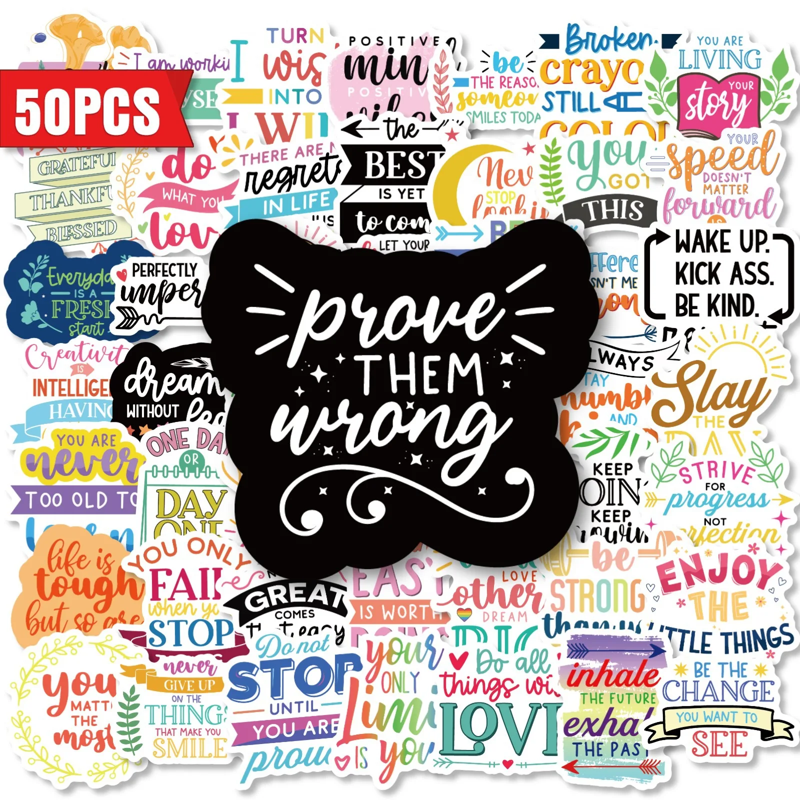 50 Sheets Inspirational Quote Stickers, Short English Slogan Phrases Decor for Water Bottles, Laptops, Journals & Planners