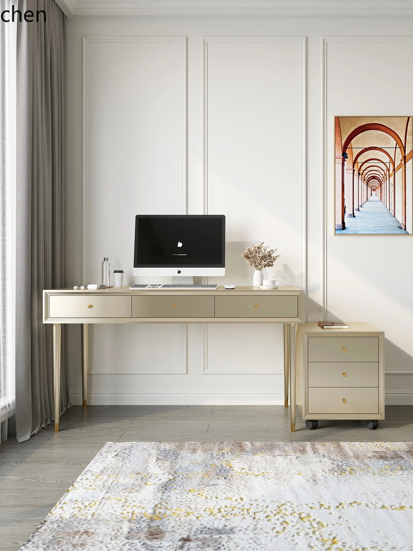 HT Modern Study Room Solid Wood Desk Minimalist Calligraphy Desk Home Bookshelf Writing Desk Set Combination