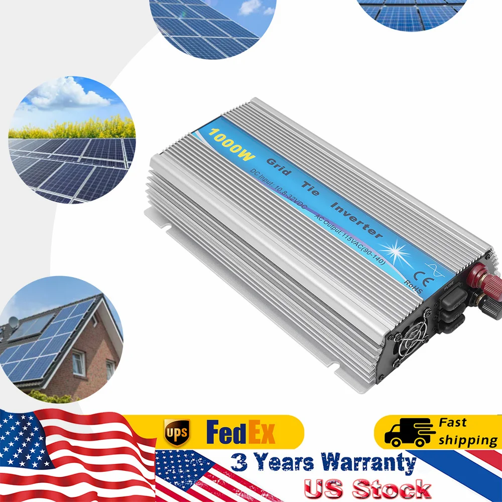 

Solar Inverter Max 1000W, Grid Tie Inverter MPPT Pure Sine Wave DC10.8-32V Solar Input AC90-140V Output for 18V Solar Panel
