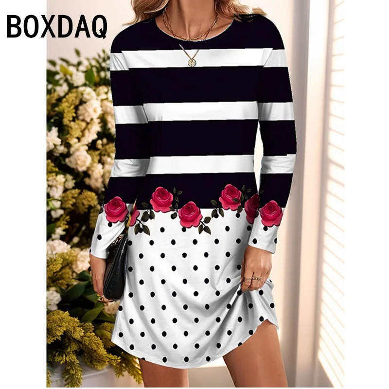 Women Vintage 3D Rose Floral Stripe Print Dress O-Neck Long Sleeve Casual A-Line Dress S-3XL Big Size Autumn New Dress Vestidos