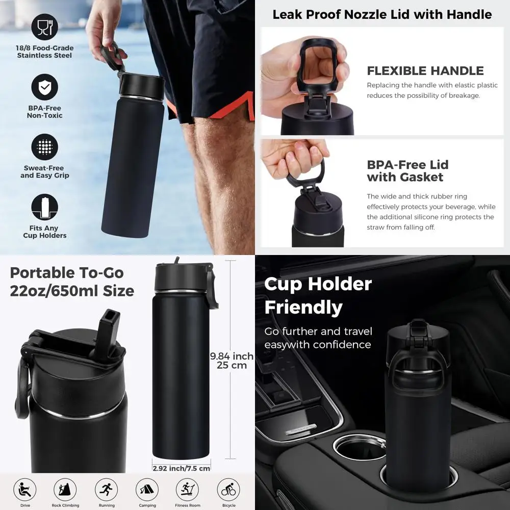 

Bulk 22 oz Stainless Steel Insulated Water Bottles with Leak-Proof Straw Lid, Double-Walled Vacuum, Keeps Beverages Cold or Hot,